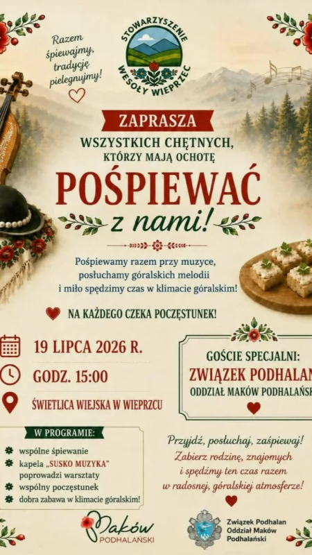 Wspólne śpiewanie w Wieprzcu. Góralskie melodie, warsztaty i poczęstunek