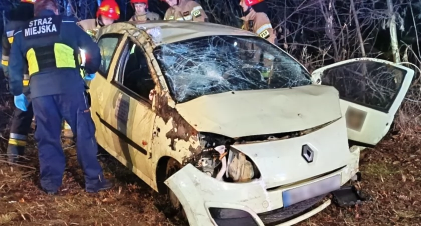 Wpadł w poślizg i wypadł z drogi. Kierowca był zakleszczony