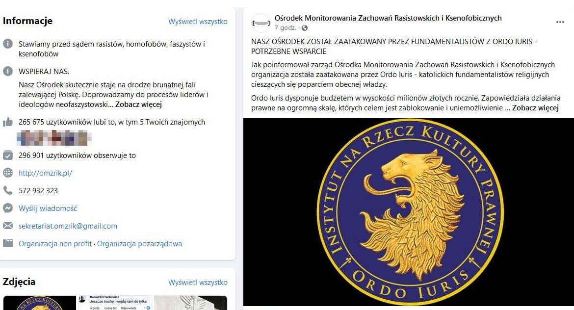 OMZRiK żali się w mediach społecznościowych, że został zaatakowany przez „fundamentalistów” z Ordo Iuris