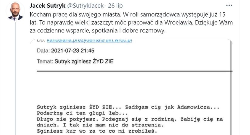 Jakiś szaleniec albo osoba chora grozi prezydentom miast. Również Tadeuszowi Truskolaskiemu