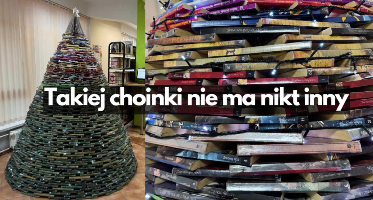 Na dole encyklopedie, na górze książka o Hollywood. Rewelacyjna choinka w bibliotece