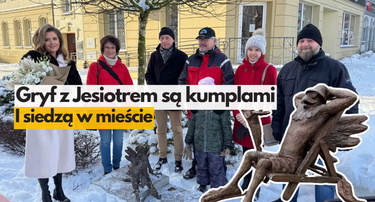 Gryf i jesiotr jak najlepsi kumple. Seria małych rzeźb na terenie Szczecinka
