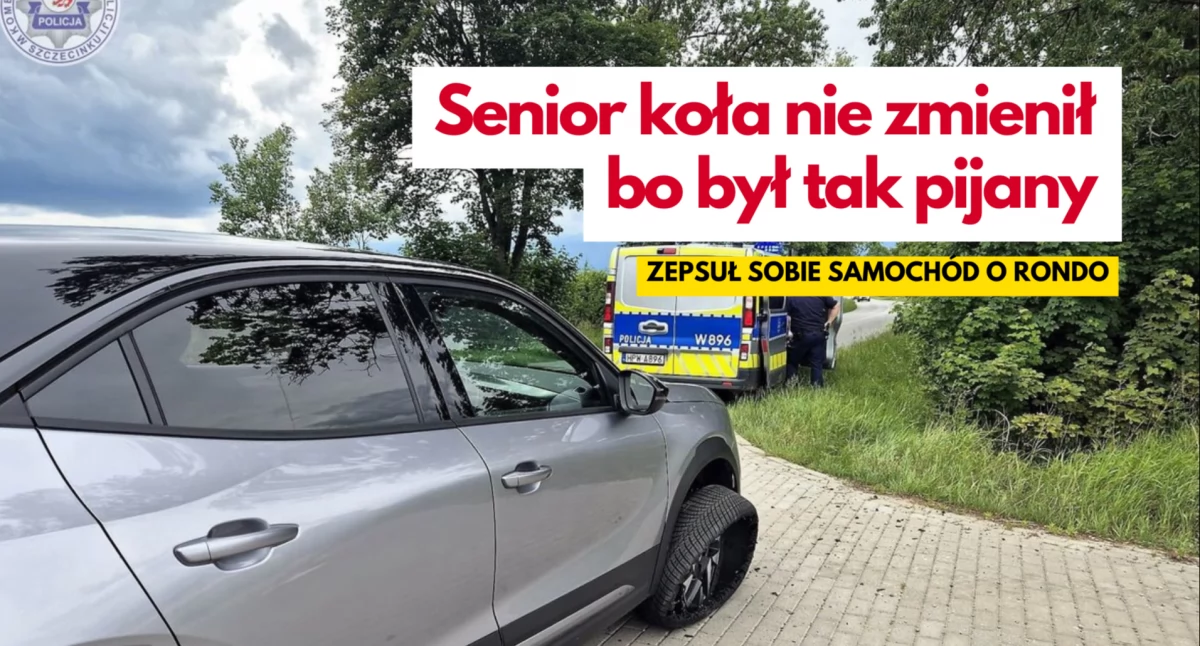 Pijany senior „naprawiał” przebitą oponę na poboczu. Miał 2 promile