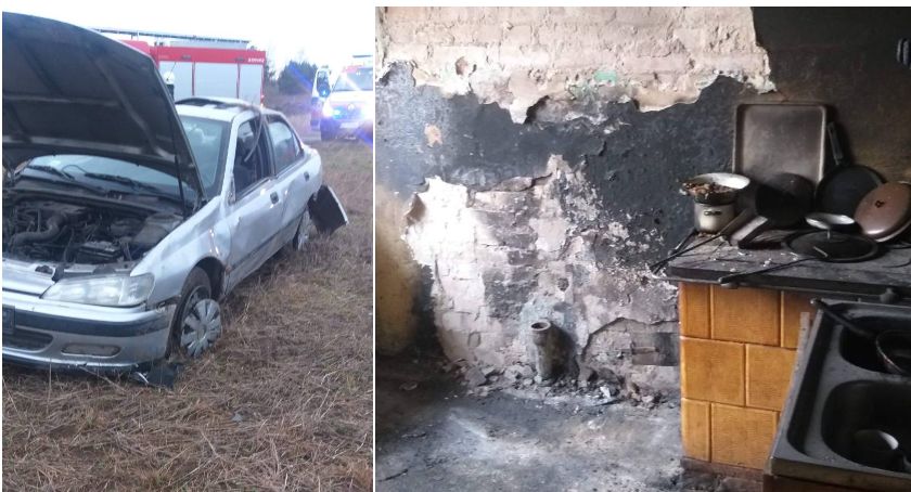Pożar domu i groźne dachowanie pod Szczecinkiem. Interweniowali strażacy