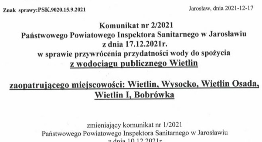 Woda z wodociągu Wietlin znów nadaje się do spożycia