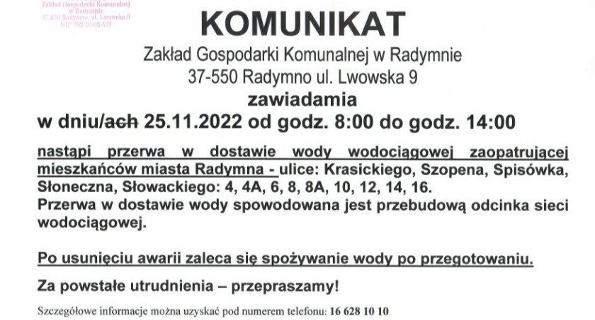 Przerwa w dostawie wody w Radymnie 