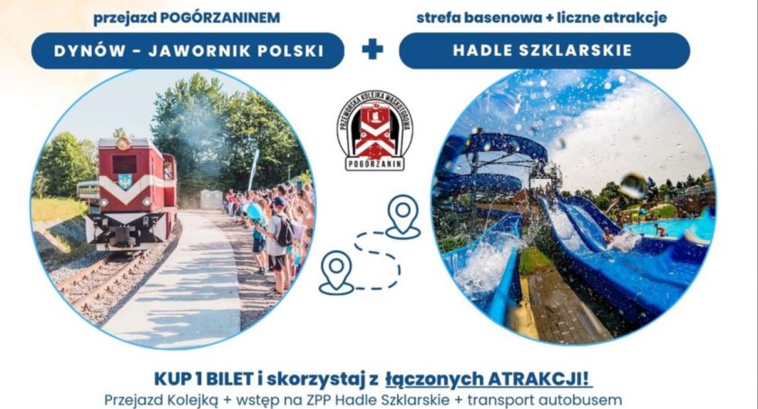 Jeden bilet na przejazd kolejką wąskotorową z Dynowa do Jawornika i na baseny w Hadlach Szklarskich
