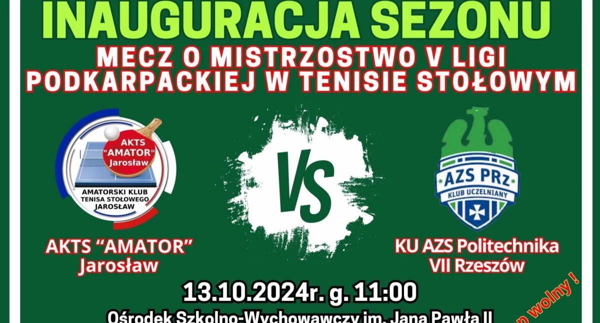 Inauguracja sezonu V ligi tenisa stołowego: AKTS Amator Jarosław - KU AZS Politechnika VII Rzeszów