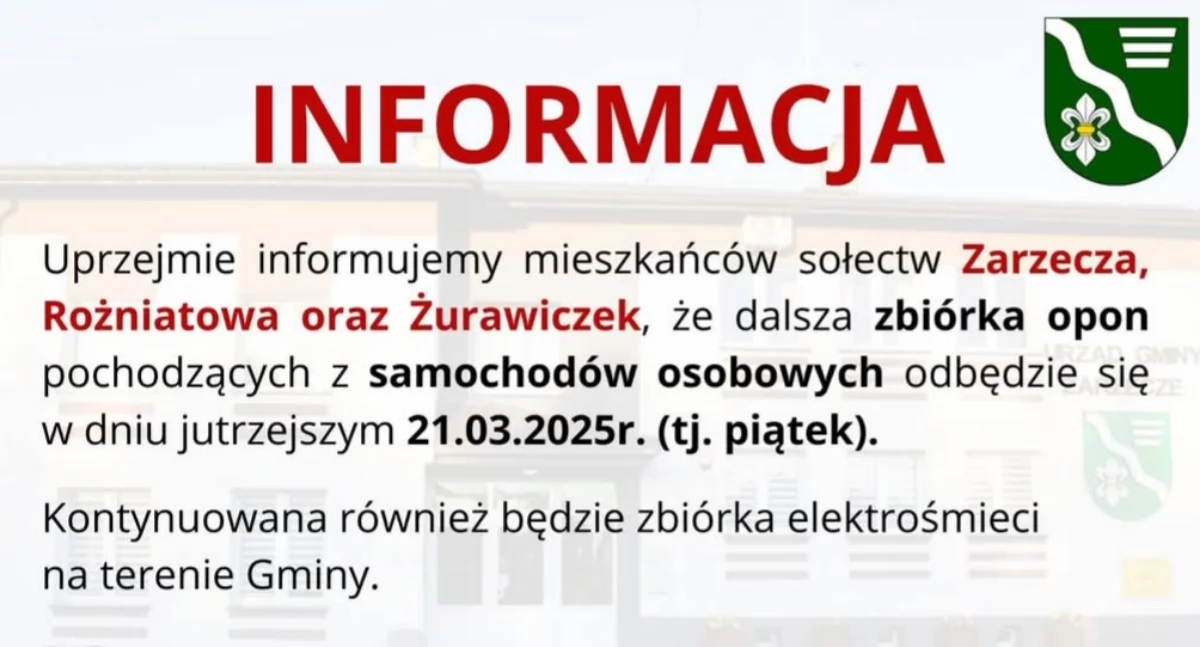 Zbiórka opon w Zarzeczu, Rożniatowie i Żurawiczkach
