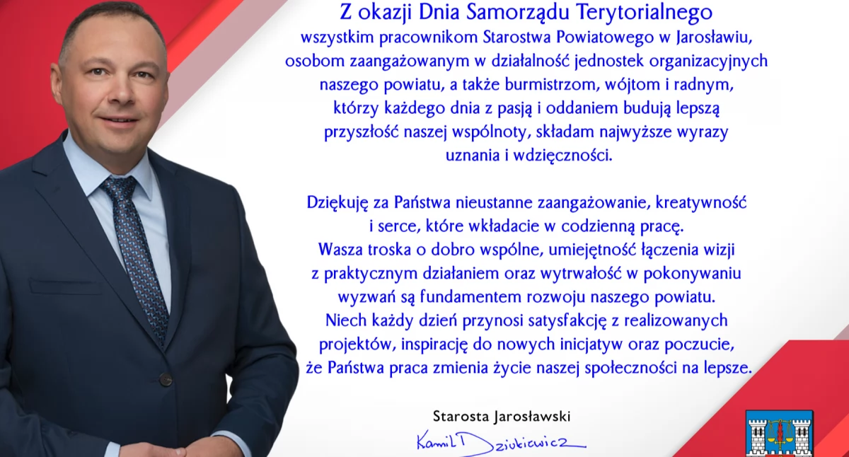 Życzenia Starosty Jarosławskiego Kamila Dziukiewicza z okazji Dnia Samorządu Terytorialnego 