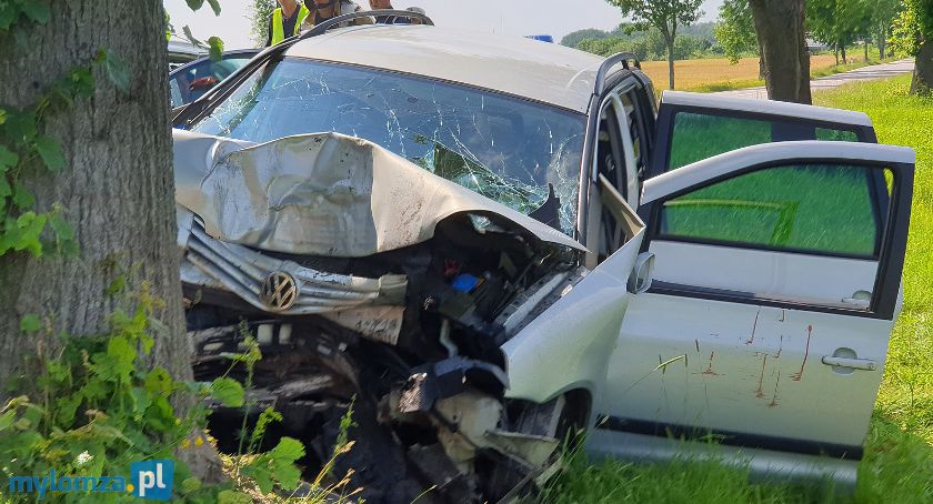 Volkswagen na drzewie. Kierowca w szpitalu [FOTO]
