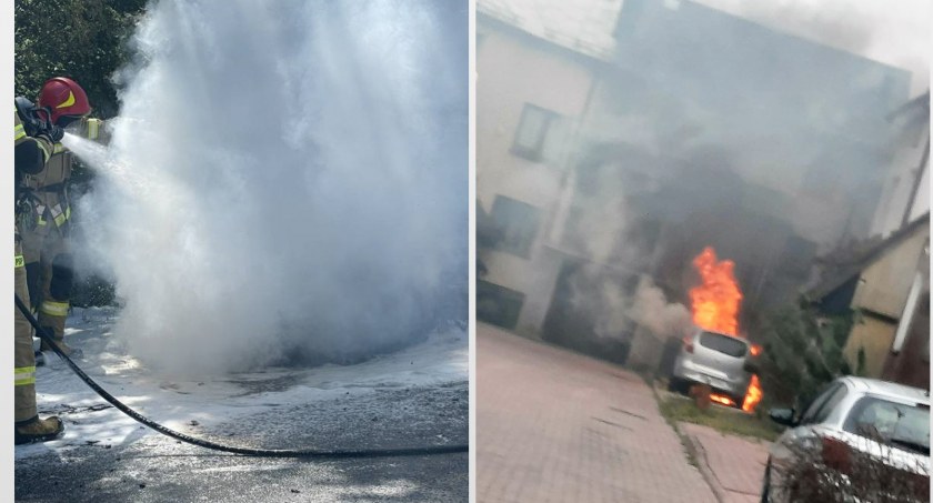 Groźny pożar auta. Ogień uszkodził też elewację budynku [FOTO]