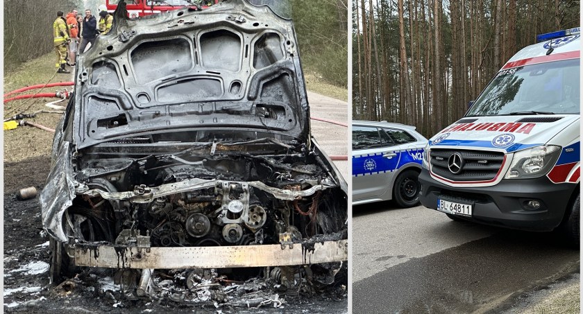 Mercedes spłonął doszczętnie. Dwie osoby poszkodowane [FOTO]