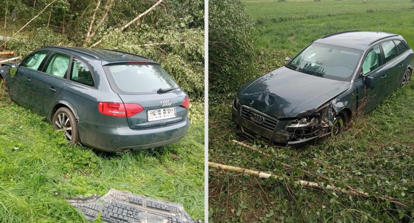 Oderwane tablice i porzucone audi po dachowaniu w Zbójnej [FOTO]