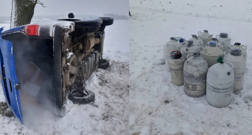 Bus wypadł z drogi. Przewoził ciekły azot [FOTO]