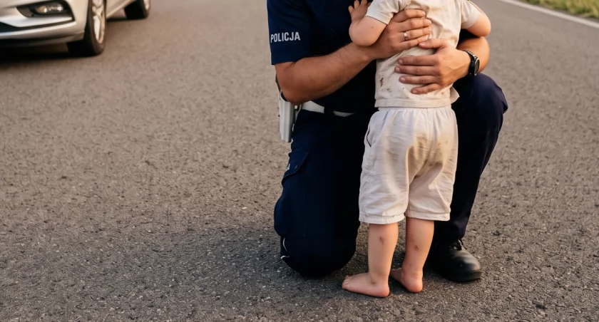 Boso, ubrany jedynie w pieluchę, samotnie spacerował środkiem jezdni