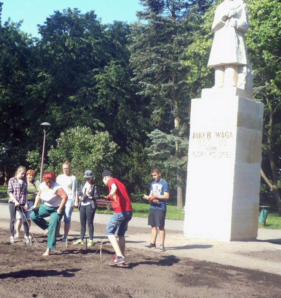 Młodzi architekci krajobrazu robią kwietnik pod pomnikiem Jakuba Wagi [FOTO]