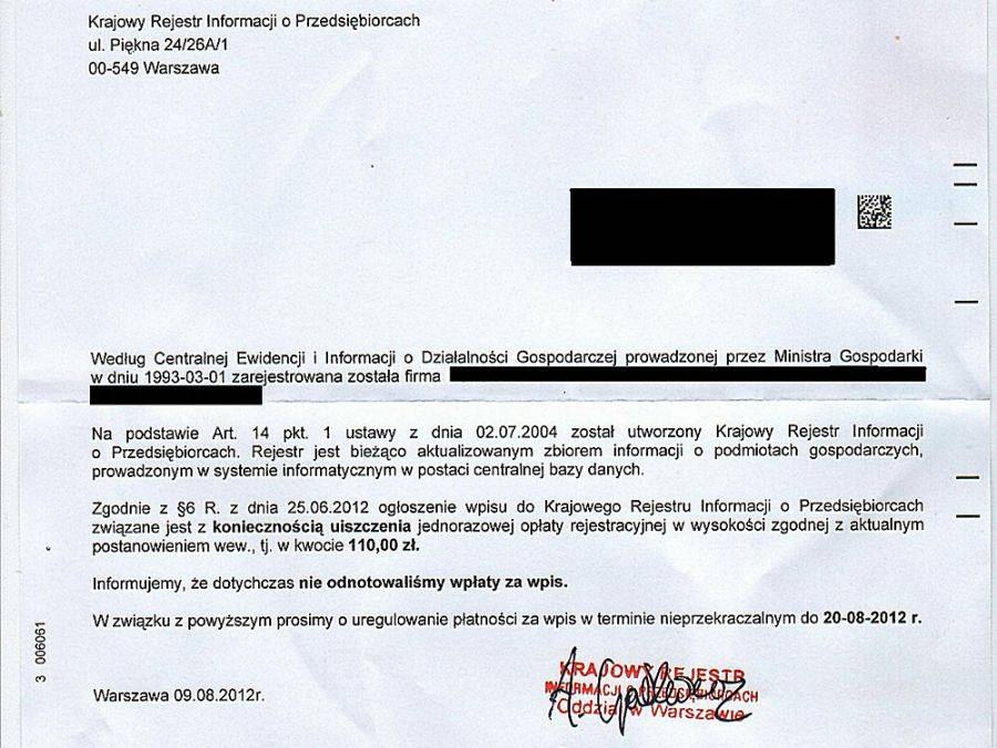 Fałszywe pisma od naciągaczy do przedsiębiorców