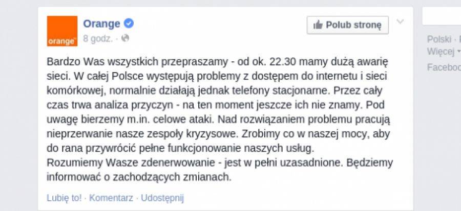 Duża awaria Orange usunięta w większości Polski, ale wciąż są problemy