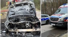 Mercedes spłonął doszczętnie. Dwie osoby poszkodowane [FOTO]