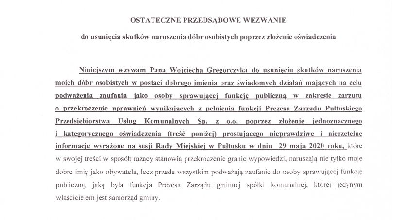 Były prezes PPUK wzywa burmistrza do usunięcia skutków naruszenia dóbr osobistych 