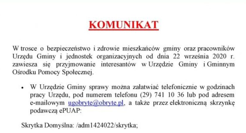 COVID 19 w Urzędzie Gminy w Obrytem