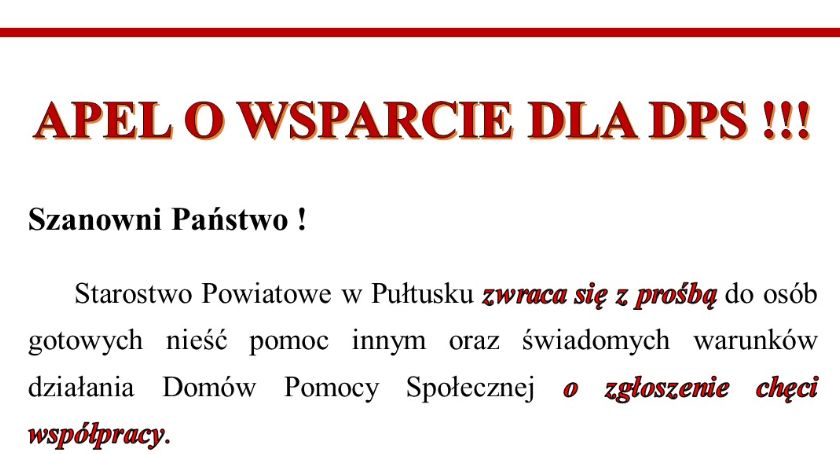 Apel starostwa o wsparcie dla DPS