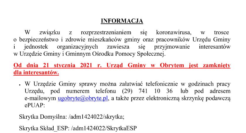 Urząd Gminy w Obrytem zamknięty dla interesantów