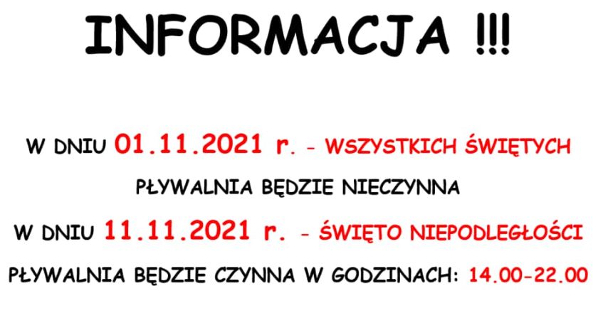 1 listopada pływalnia będzie nieczynna - 11 listopada czynna w zmienionych godzinach