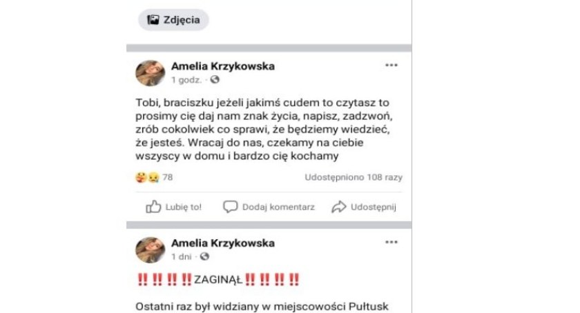 Zaginionego szuka także rodzina przez media społecznościowe