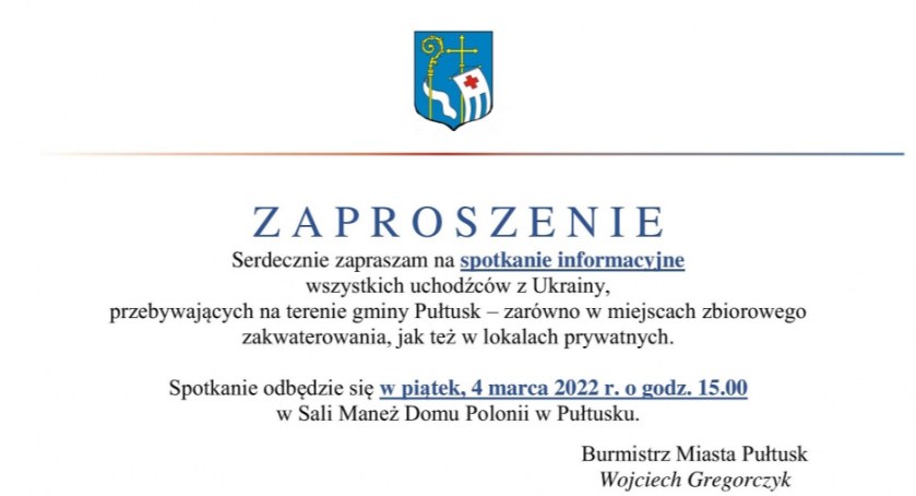 Burmistrz zaprasza na spotkanie uchodźców z Ukrainy - ЗАПРОШЕННЯ