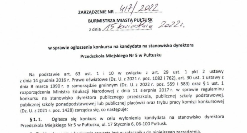 Konkurs na stanowisko Dyrektora Przedszkola Miejskiego nr 5 w Pułtusku