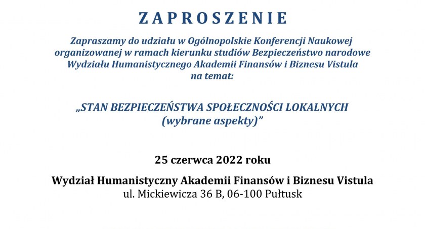 „Stan bezpieczeństwa społeczności lokalnych” - zaproszenie na  konferencję naukową