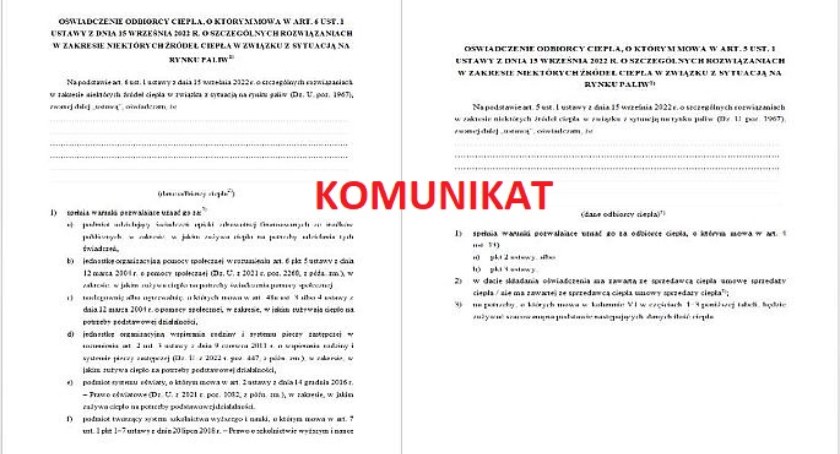 Komunikat PEC - wzory oświadczeń składanych przez odbiorców ciepła 