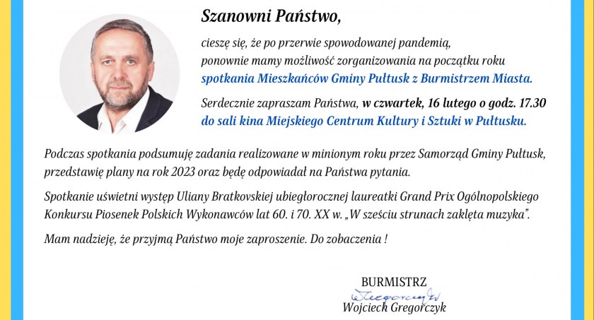 Zaproszenie na spotkanie Mieszkańców Gminy Pułtusk z Burmistrzem Miasta