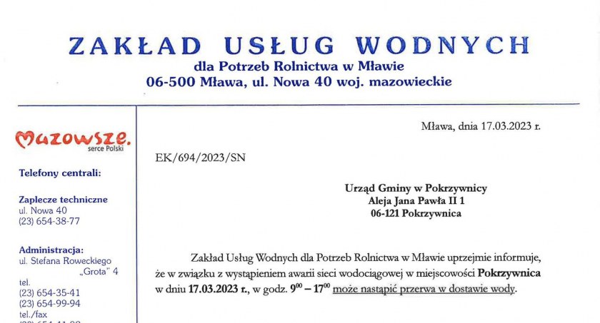 UWAGA! Przerwa w dostawie wody