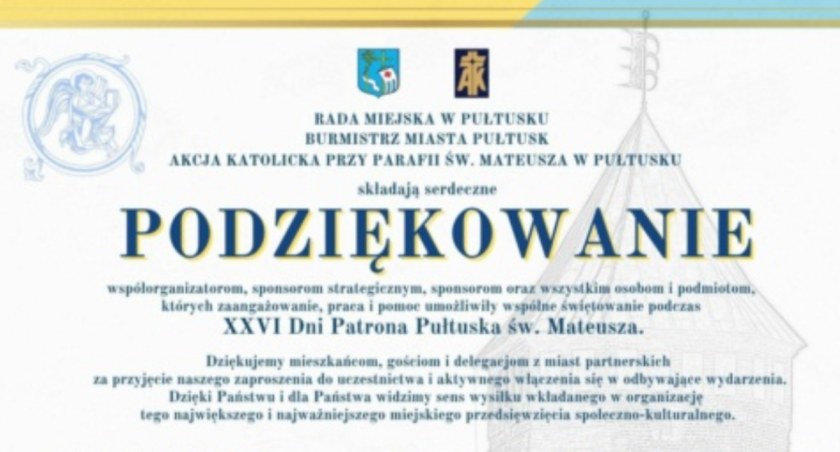 PODZIĘKOWANIE – XXVI Dni Patrona Pułtuska św. Mateusza