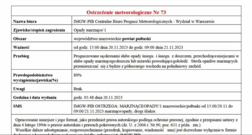 Ostrzeżenie o marznących opadach