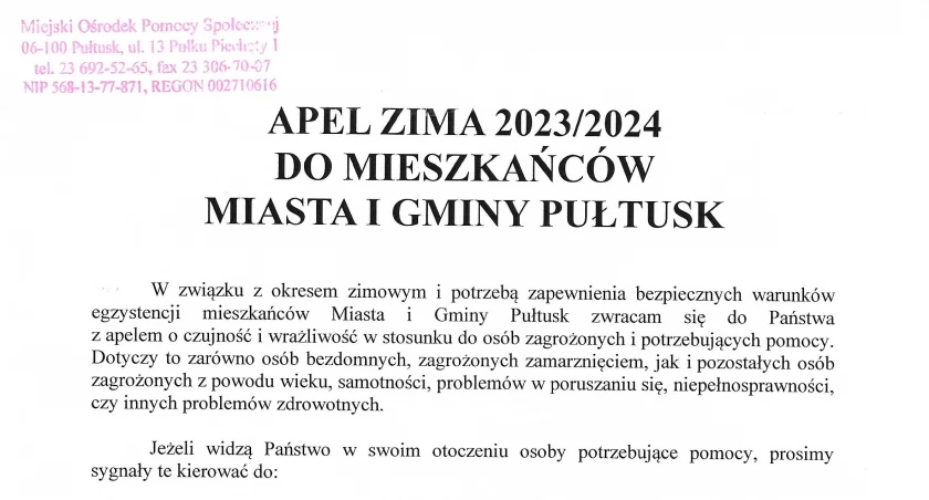 Apel zima do mieszkańców miasta i gminy Pułtusk