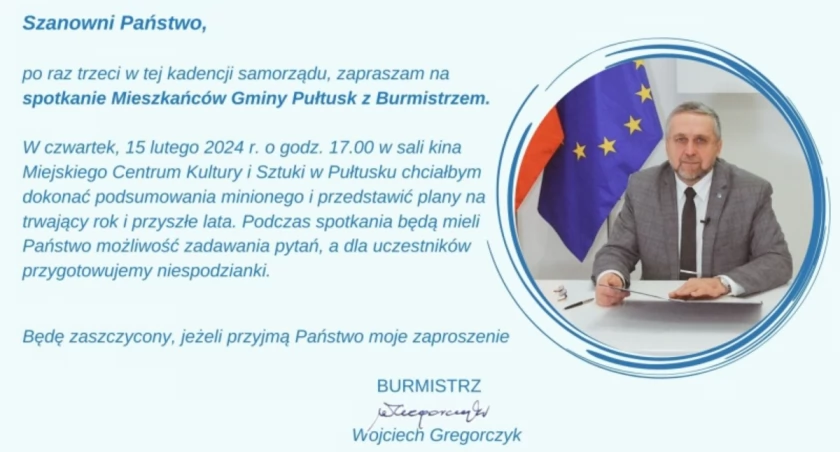 Zaproszenie na spotkanie mieszkańców Gminy Pułtusk z Burmistrzem Miasta