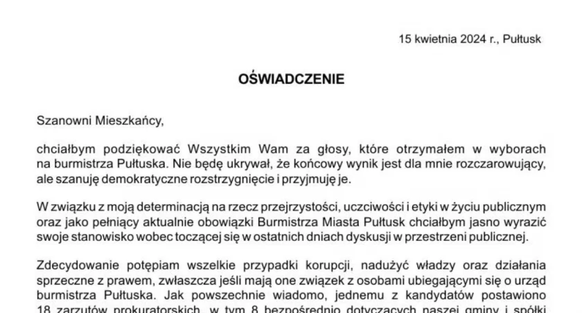 Dzień oświadczeń - tym razem Burmistrza Wojciecha Gregorczyka