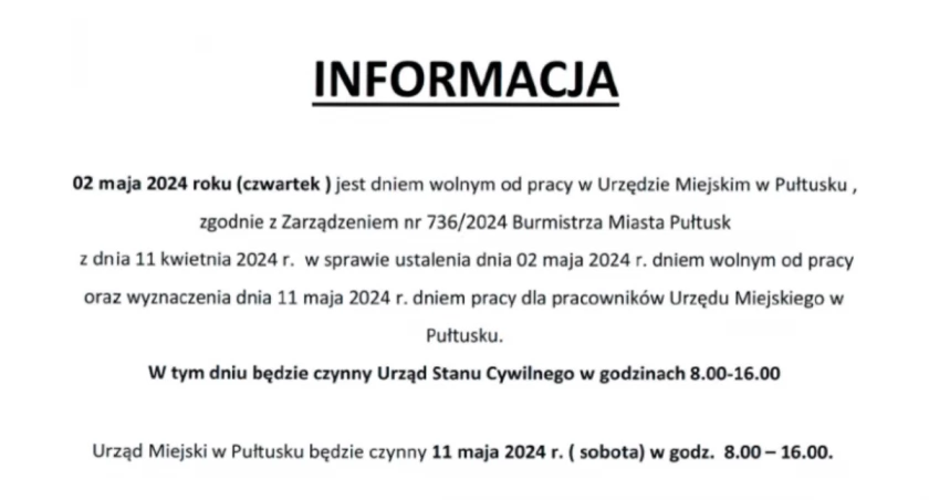Informacja – 02 maja 2024 roku (czwartek) jest dniem wolnym od pracy w Urzędzie Miejskim