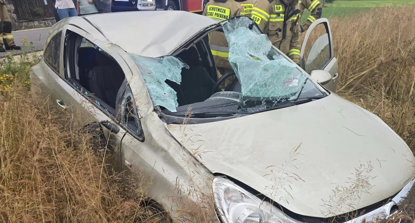 Dachowanie auta osobowego w Płusach. Kierująca pojazdem trafiła do szpitala
