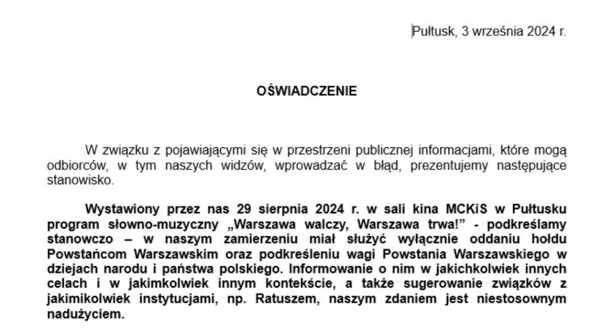 Oświadczenie publikowane na prośbę grupy teatralnej 