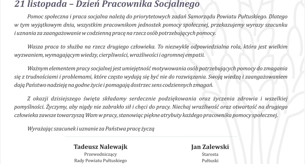 21 listopada - Dzień Pracownika Socjalnego