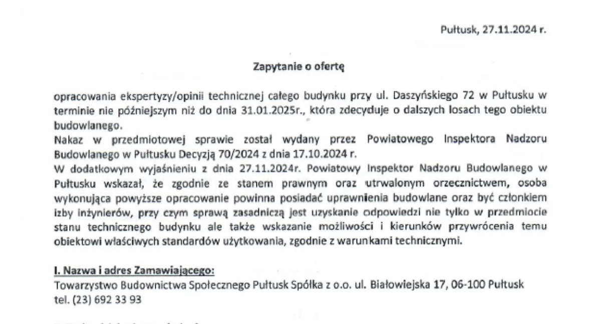 Zapytanie o ofertę opracowania opinii technicznej budynku przy ul. Daszyńskiego 72