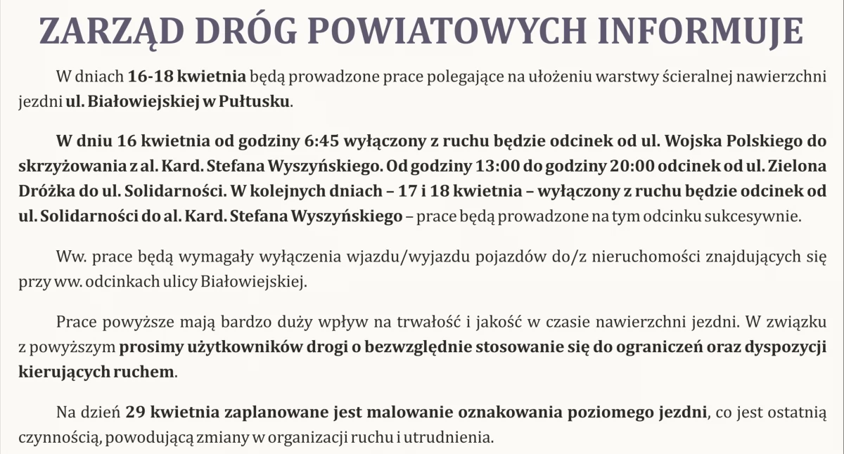 Zarząd Dróg Powiatowych informuje