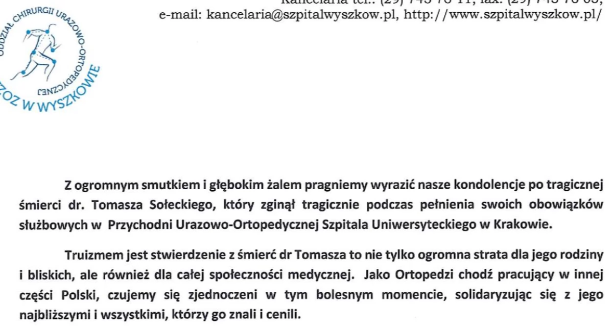 Lekarze ze szpitala w Wyszkowie solidaryzują się z bliskimi zabitego kolegi