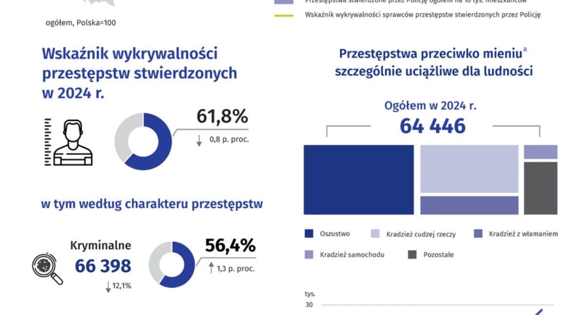W 2024 r. w woj. mazowieckim odnotowano 119,5 tys. przestępstw