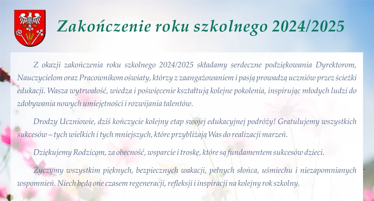 Życzenia z okazji zakończenia roku szkolnego 